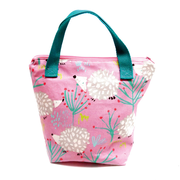 pink canvas lunch bag with hedgehogs
