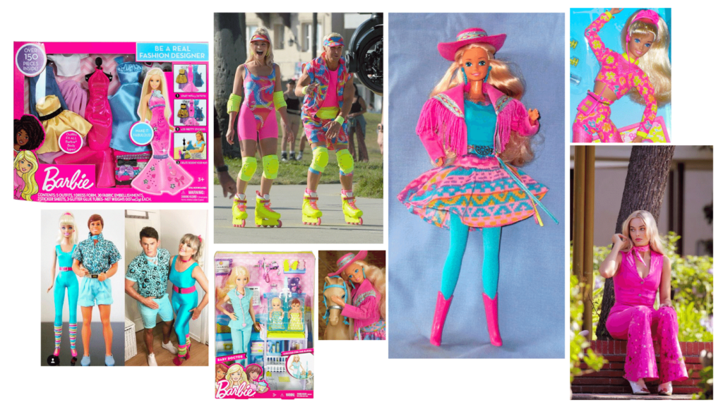 barbie inspired collage for halloween costumes. photos from the barbie movie and related barbie dolls.