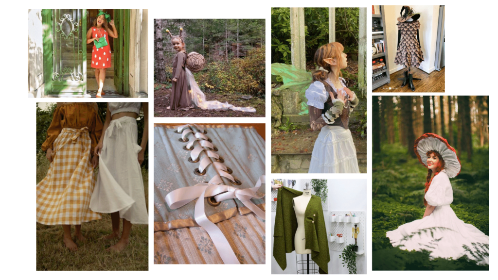collage of cottage core costumes. fairy wings, gingham maxi skirts, corsets, mushroom hats, and cloaks.