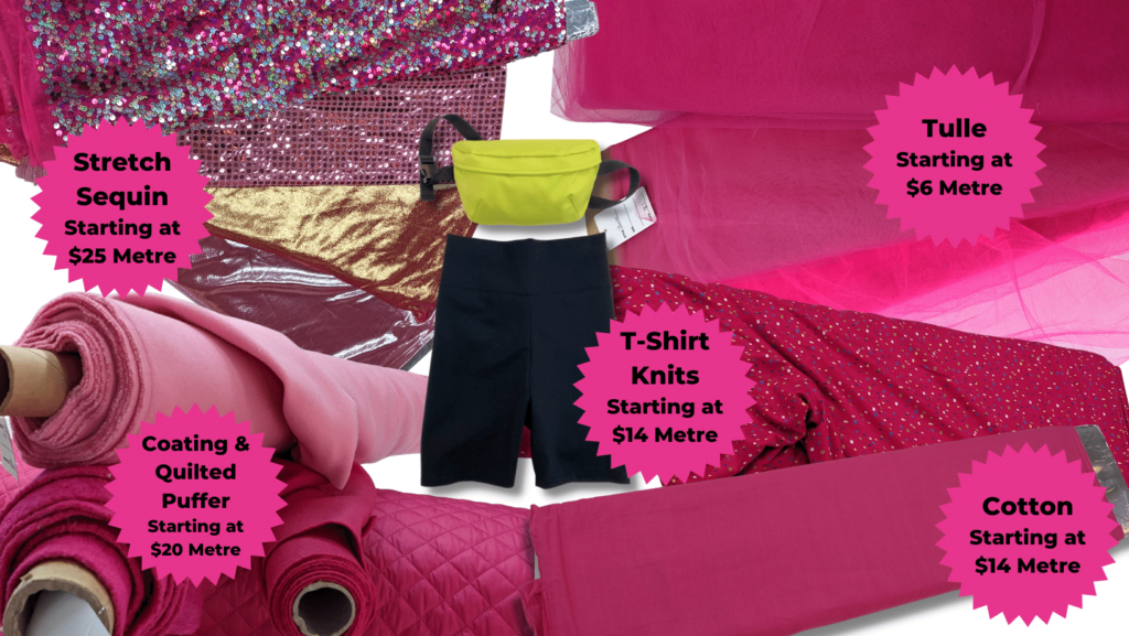 all pink fabrics. stretch sequin, tulle, coating, quilted puffer, tshirt knits, and cotton.