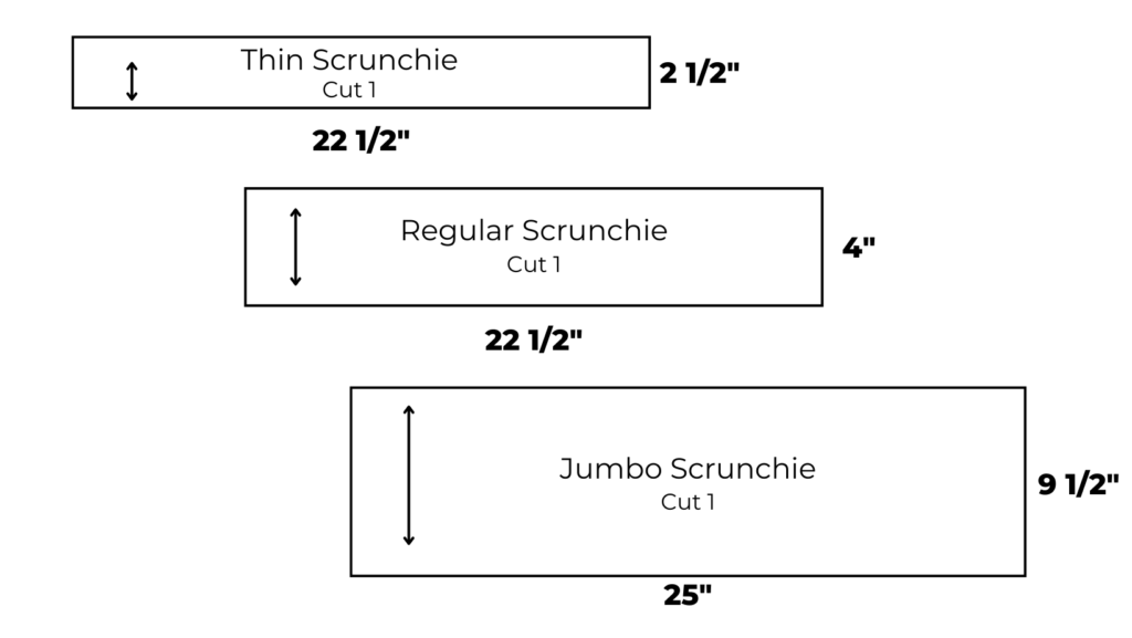 drawings of rectangles with measurements of length.
reads
" thin scrunchie 2 1/2" x 22 1/2"
Regular scrunchie 4 x 22 1/2"
Jumbo scrunchie 9 1/2" x 25" "