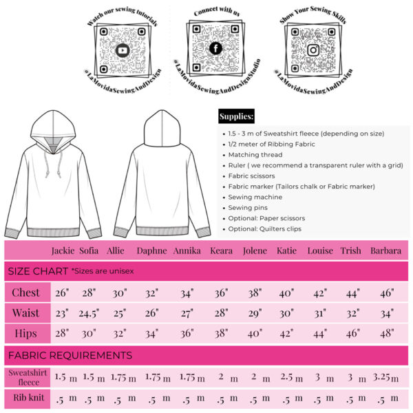 drop shoulder hoodie sewing pattern size chart