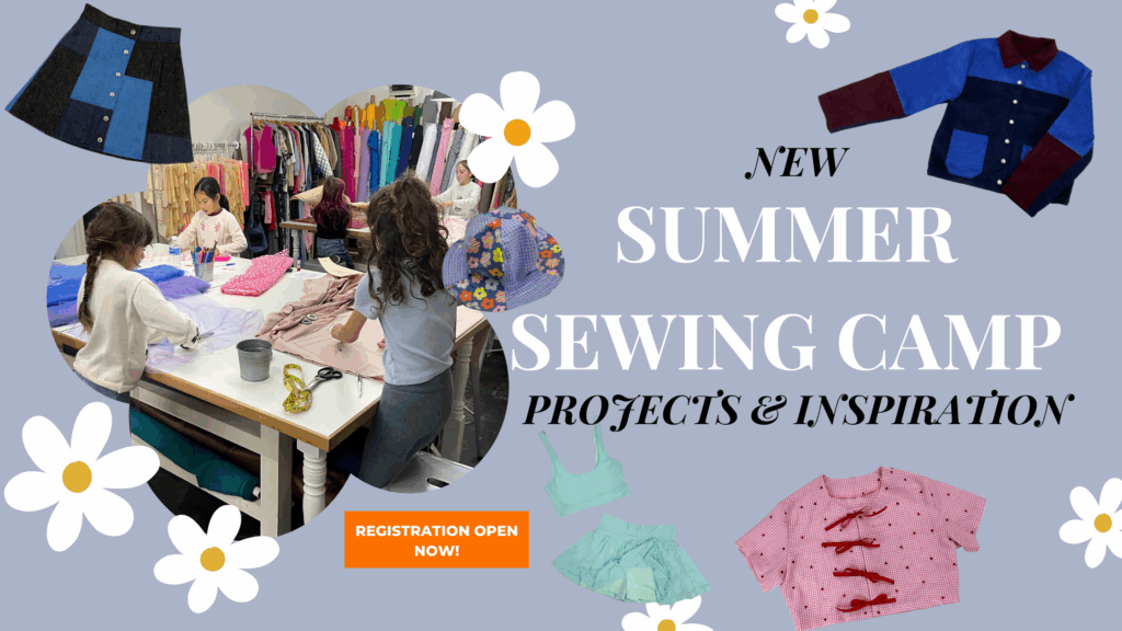 light blue banner with text that reads ' new summer sewing camp projects & inspiration' and has a photo of kids learning to sew at our summer camps and photos of our new sewing projects